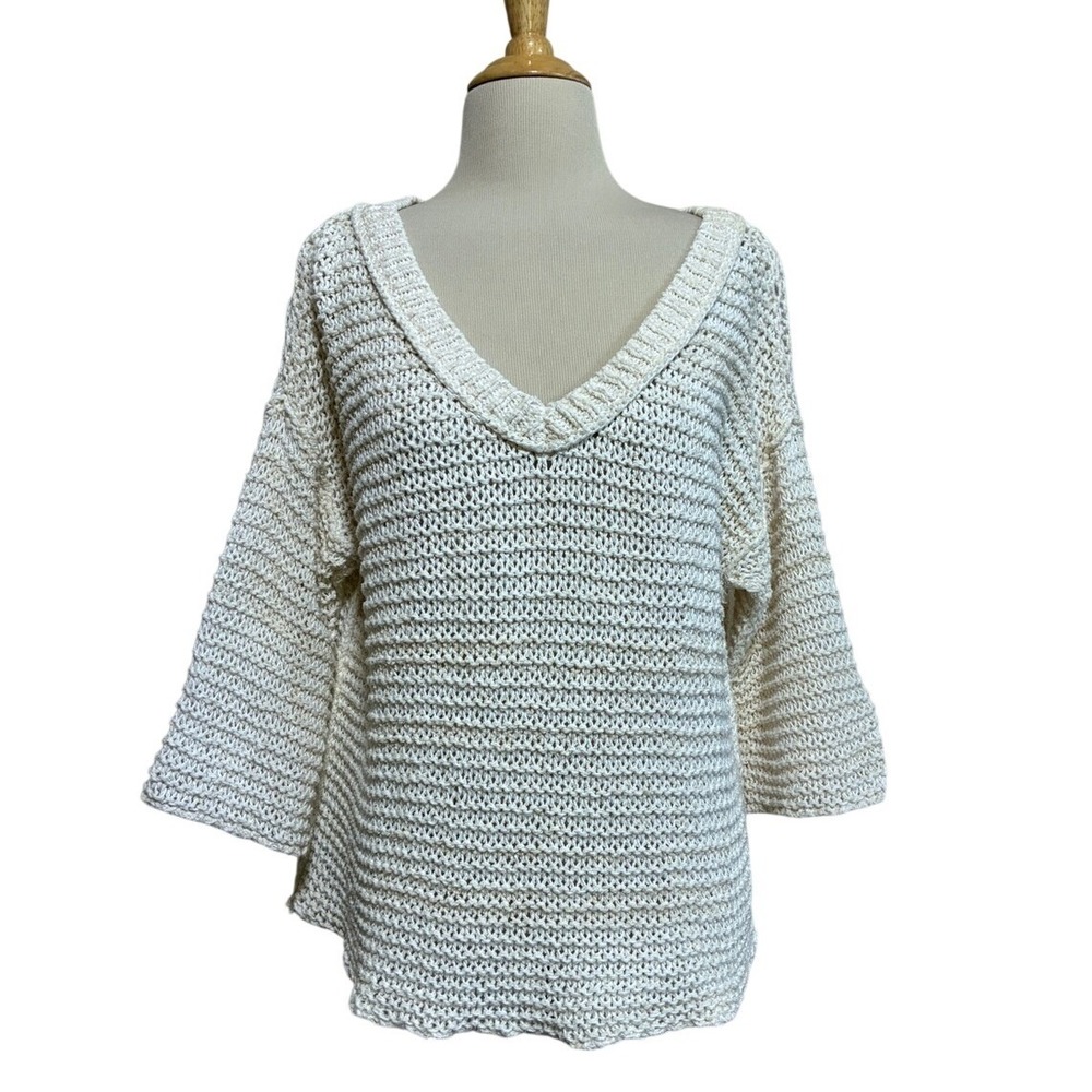Free People Medium Off White Open Knit Sweater 3/4 Boho Sleeves Vneck Beachy
